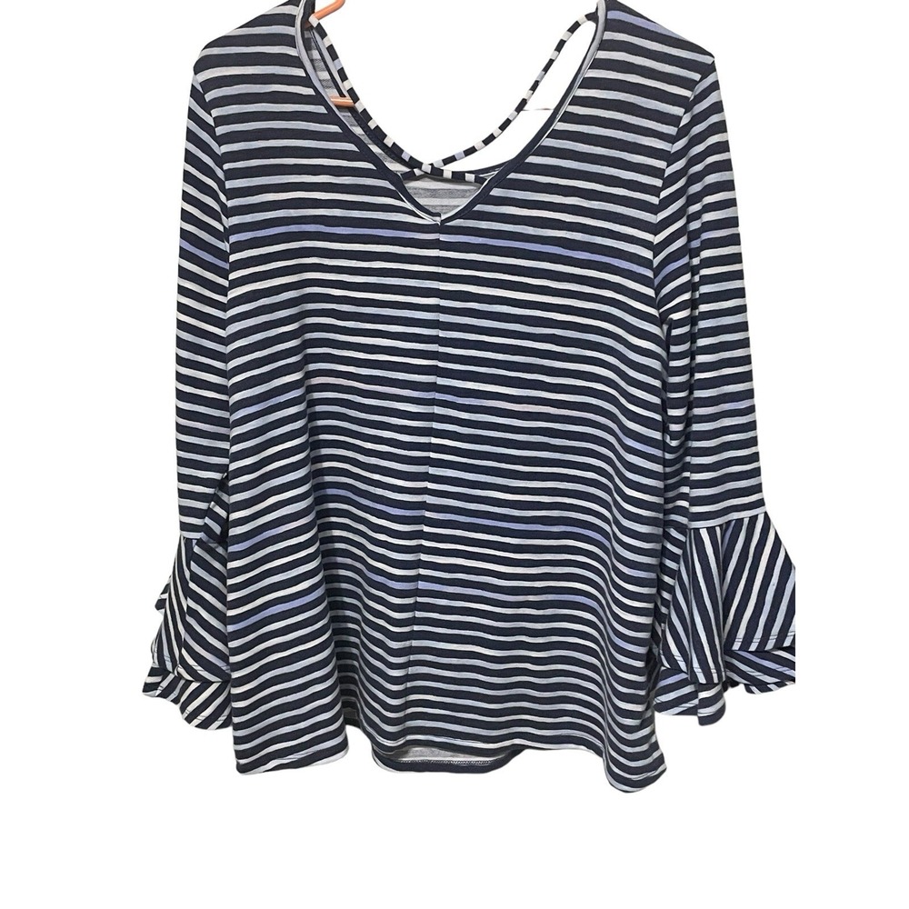 New Lane Bryant Top Women's Plus 14/16 Navy V-Neck 3/4 Bell Sleeve Striped Shirt - Picture 2 of 9